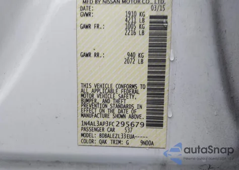 2015 Nissan Altima 2.5/2.5 S/2.5 Sl/2.5 Sv z USA, uszkodzony, nr VIN 1N4AL3AP3FC295679